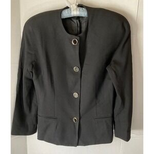 Talbots Vintage Black 100% Wool Collarless Blazer Jacket Gold Buttons USA Size 6